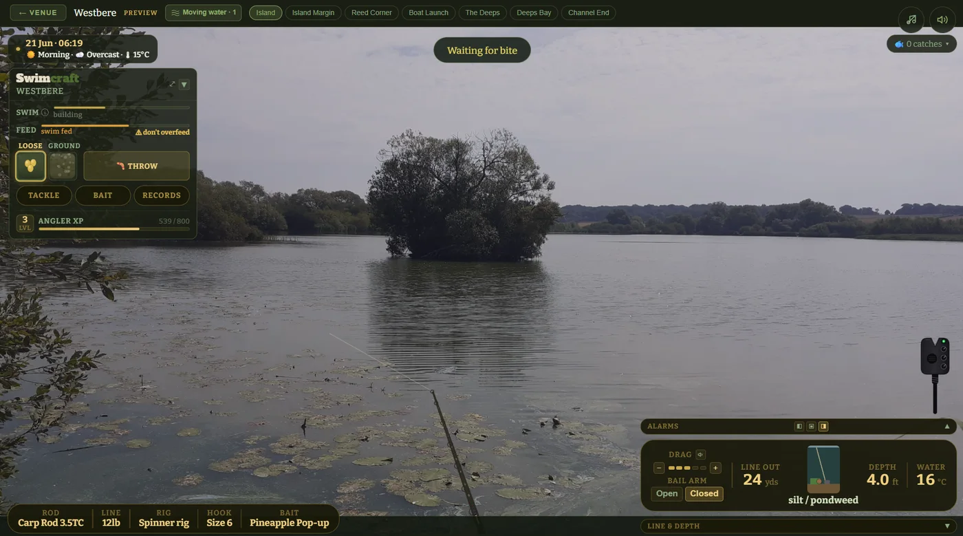 Carp fishing at Westbere in the new build, with the line-out panel reading silt and pondweed