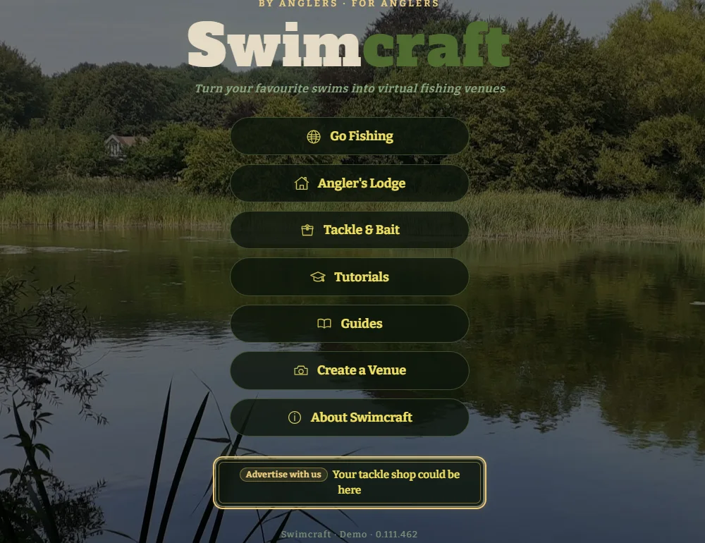 The Swimcraft home screen menu, with the advertise with us board glowing underneath