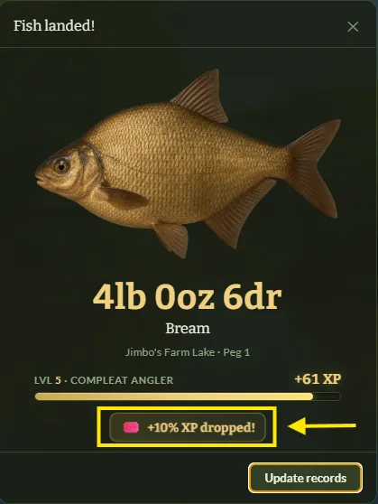 A catch dropping an XP boost token