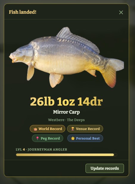 A catch card for a 26lb 1oz 14dr mirror carp marked as a world, venue and peg record and a personal best.