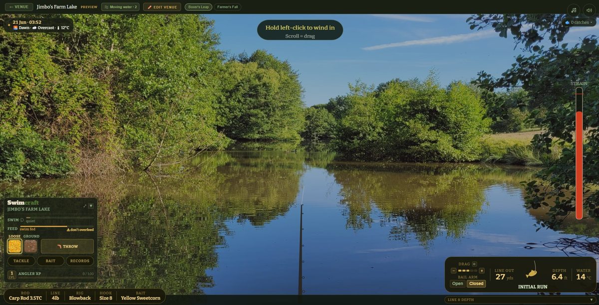 Playing a fish in Swimcraft on a tree-lined lake, with the strain bar, drag and line out showing.