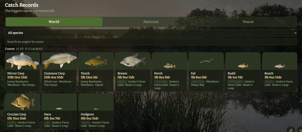 The Swimcraft world records board with the biggest mirror carp, common carp, tench and more.