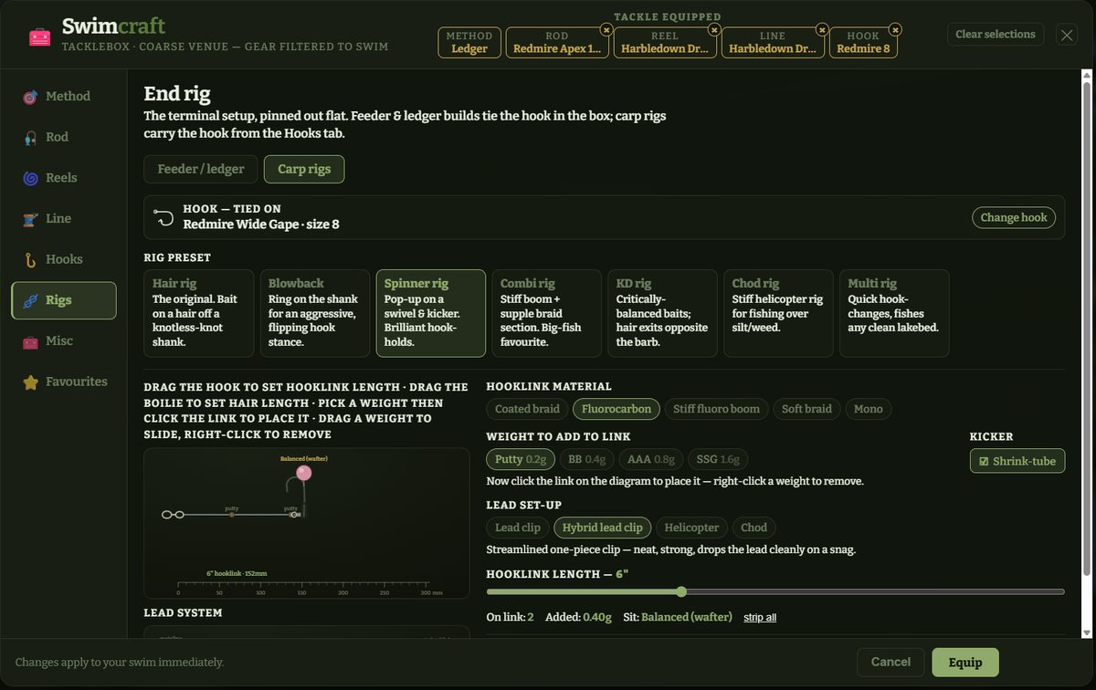 The Swimcraft tacklebox showing carp rig presets, hooklink materials and a rig diagram.