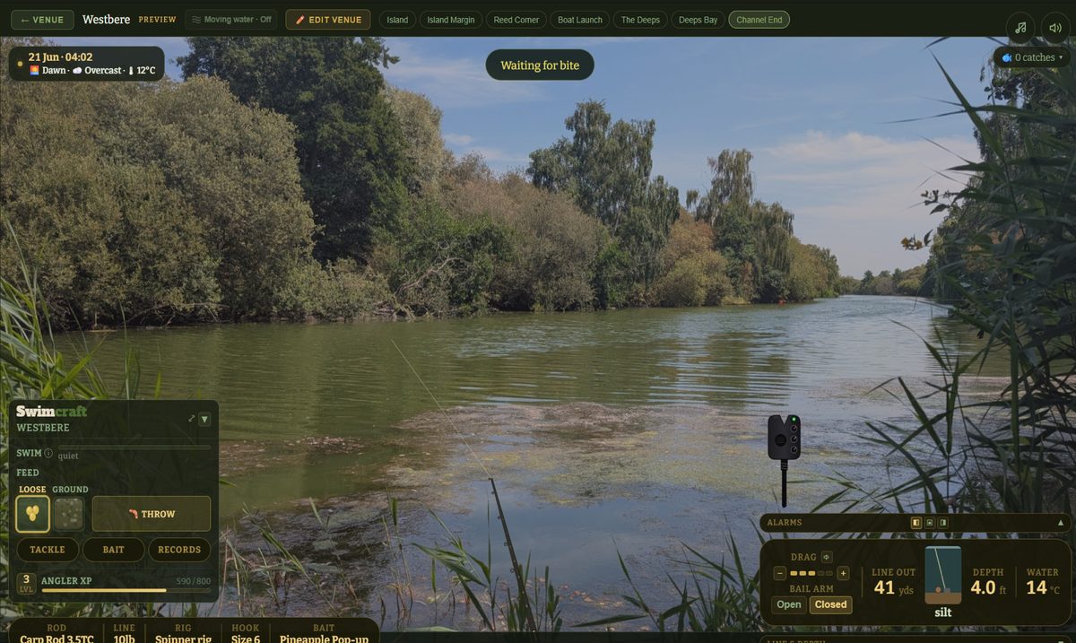 Swimcraft in play at Westbere: a carp rod out on a tree-lined lake, bite alarm set, waiting for a bite.