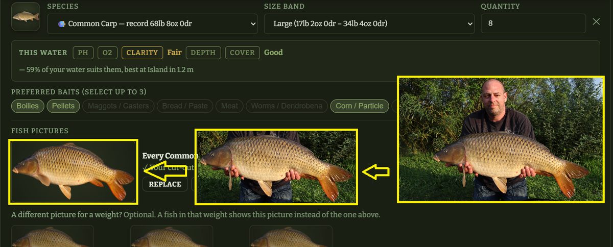 A photo of an angler holding a common carp, cut out and used as the fish picture in the game.