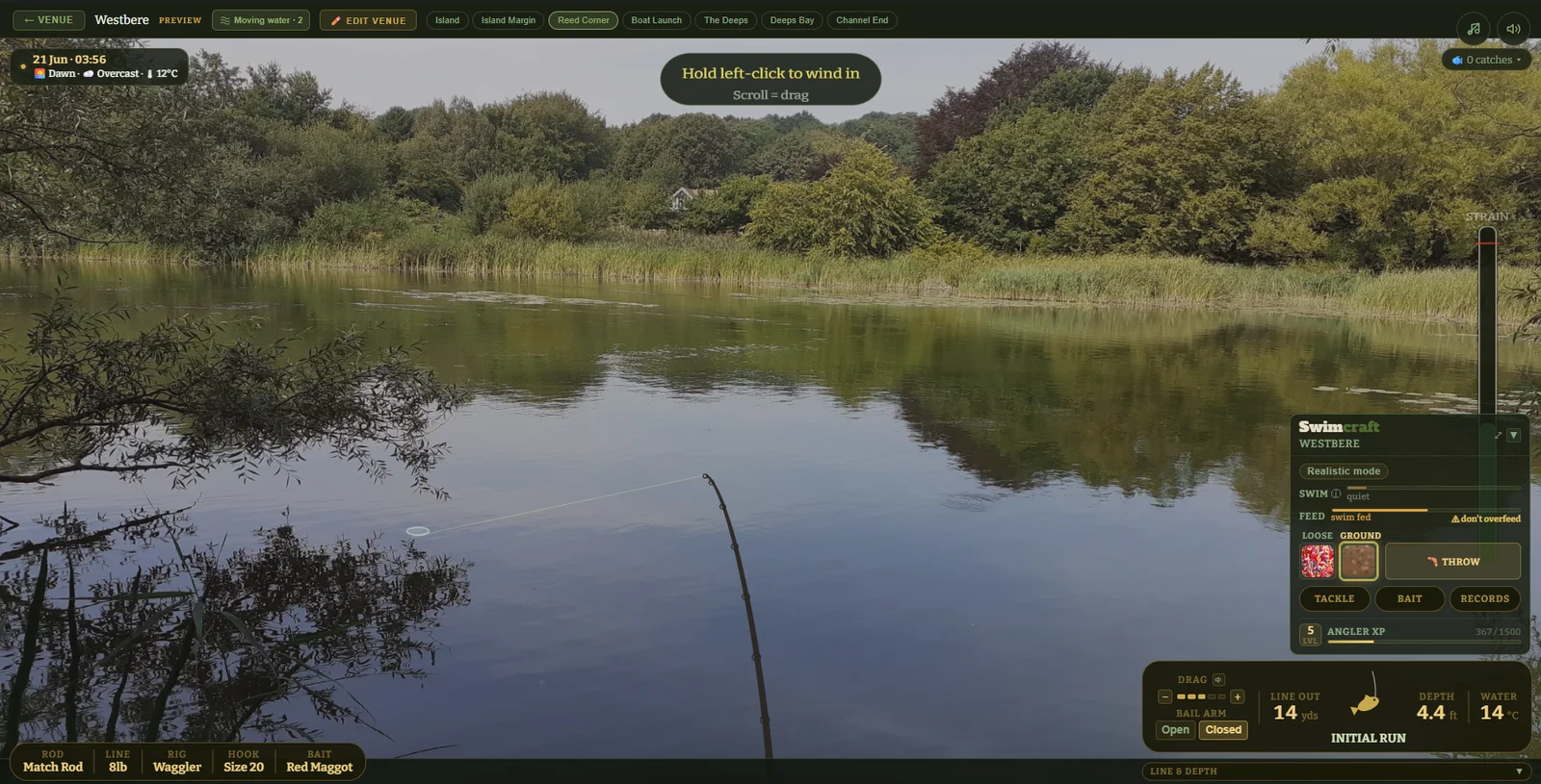 A fish on, the rod bent and the strain gauge rising