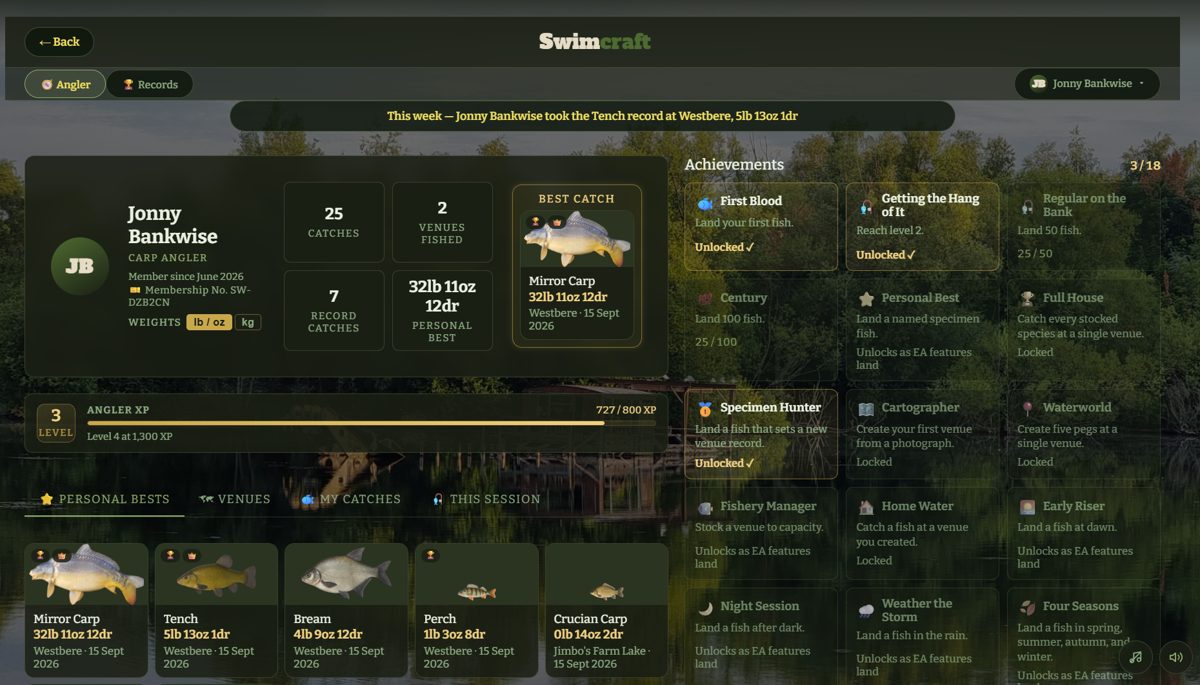 The Angler's Lodge: catches and achievements