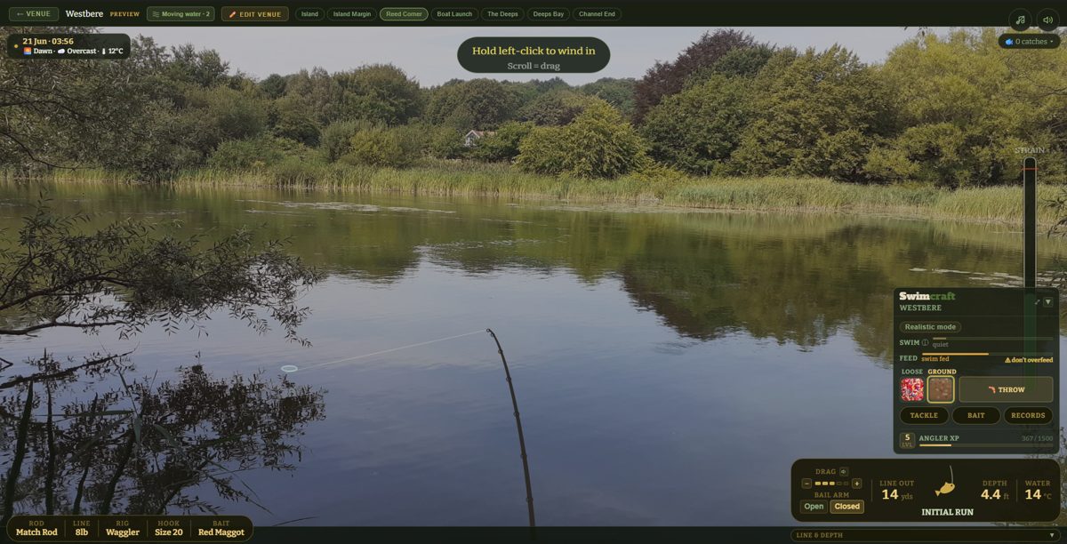 A fish on: the rod bent and the strain gauge rising