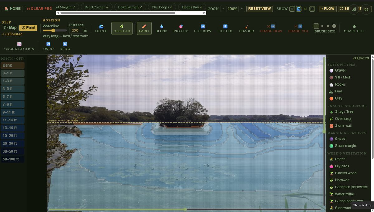 The venue creator: depth contours and lake-bed objects